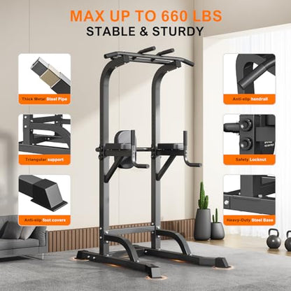 Power Tower Pull Up Bar and Dip Station, Multi-Function Home Gym, Strength Training Fitness Equipment, Height Adjustable - color: Black-02