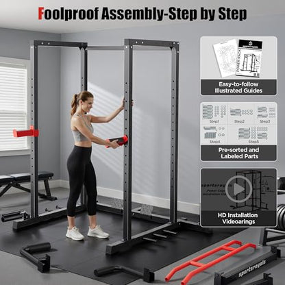 SPORTSROYALS Power Rack, Multi-Functional Power Cage, Squat Rack with Pulley System & LAT Pull Down, Workout Cage with J Hooks for Home Gym