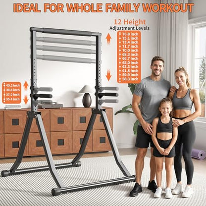 Foldable Power Tower Dip Station for Pull Ups, 58.3"-76.8" 12 Level 700 LBS, Adjustable Dip Handles & Assistance Bands Foldable Home Gym Equipment - color: 58.3"-76.8" with Dual Dip Handles