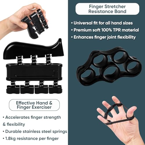 5-Piece Hand Grip Strengthener Exercise Kit - Adjustable Resistance (5-100kg) With Digital Display Forearm Grip + Finger Stretcher + Pressure Relief Ball Suitable for Athletes / Musicians Hand Training and Injury Recovery Tool