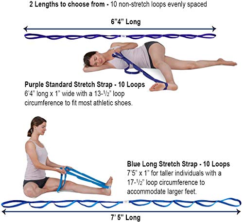 Stretch Strap with Loops for Physical Therapy, Flexibility, Range of Motion and Workouts with Exercise Book. Non-Elastic Band for Yoga, Pilates. Stretch Out Hamstring, Knee, calf, Back, Shoulder