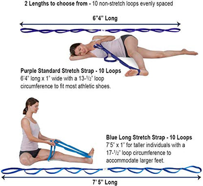 Stretch Strap with Loops for Physical Therapy, Flexibility, Range of Motion and Workouts with Exercise Book. Non-Elastic Band for Yoga, Pilates. Stretch Out Hamstring, Knee, calf, Back, Shoulder