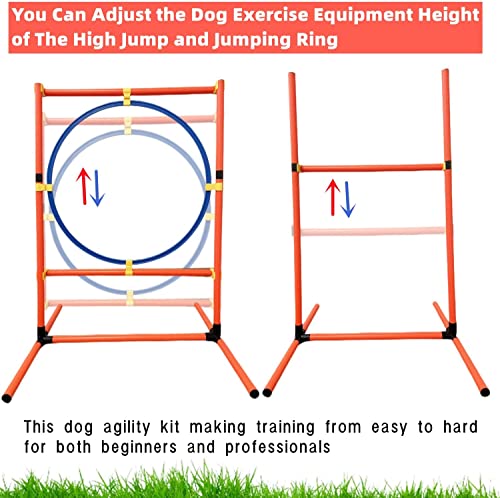 Dog Agility Training Equipment Set, Puppy Jump Training Obstacle Course Starter Kit Pet Agility Outdoor Games Dog Outdoor Games with Tunnel, Weave Poles, Adjustable Hurdle, Jump Ring