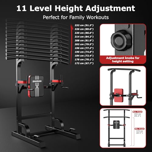 Pooboo Power Tower Dip Station Pull Up Bar for Fitness Home Gym Workout,450 Pounds Multi-Function Adjustable Height Fitness Strength Training Exercise Equipment,with Power Elastic Ropes - color: Black Red-02