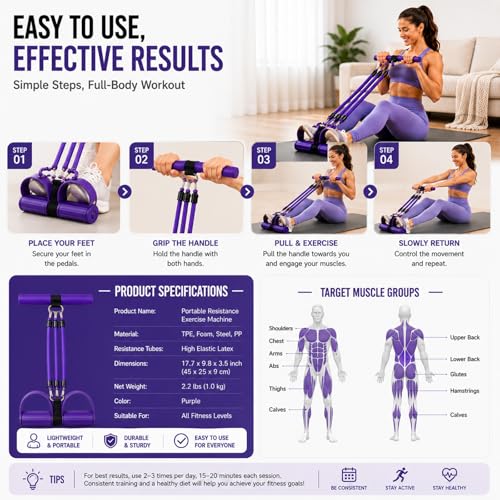 Pedal Resistance Band with Handles, Detachable Resistance Tubes with Foot Pedals & Door Anchor, Multifunction Fitness Workout Equipment for Abs Arms Legs Waist Training