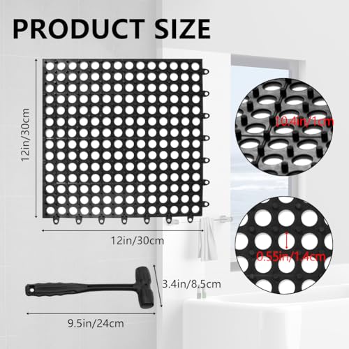 Interlocking Floor Tiles 12x12 Inch, 12 Pack Soft PVC Non-Slip Drainage Tiles with Holes for Bathroom, Pool Deck, Gym, Garage, Kitchen & Wet Areas, Easy Splicing Anti-Fatigue Mat (12)