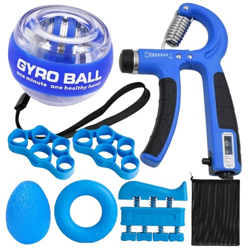Hand Grip Strengthener Workout Kit (8 Pack) Forearm Grip Adjustable Resistance Hand Gripper, Finger Stretcher, Finger Exerciser, Grip Ring，Gyro Ball (blue)