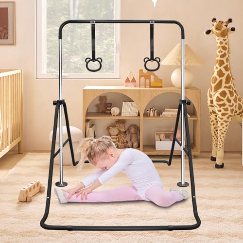 Kids Gymnastics Bar, Adjustable Horizontal Bar with Removable Bear Rings, Multi-Functional Training Bar for Children 3-12 Years, Home Use Junior Gymnastic Equipment for Strength
