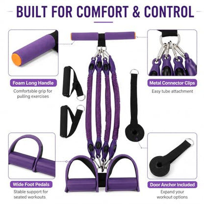 Pedal Resistance Band with Handles, 4 Detachable Tubes 25–100 lbs, Foot Pedal Exercise Band with Door Anchor, Portable Home Workout Kit for Small Spaces, Arms, Legs, Core and Stretching