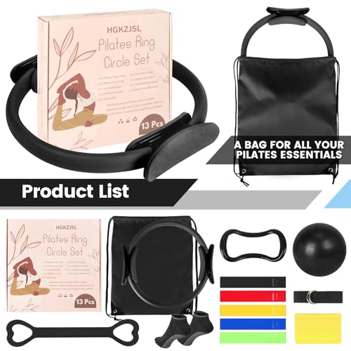 Pilates Kit for Women 13PCS, Pilates Ring and Ball Set with Magic Circle, Resistance Bands Set, Figure 8 Band, Yoga Ring & Grip Socks, Home Workout Equipment Essentials Starter Kit for Beginners - color: Black