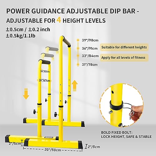 POWER GUIDANCE Dip Bar, Dip Stand Station for Full Body Strength Training, Adjustable Height 30Inches - 38.6Inched, 3 Colors Available - color: 3. yellow