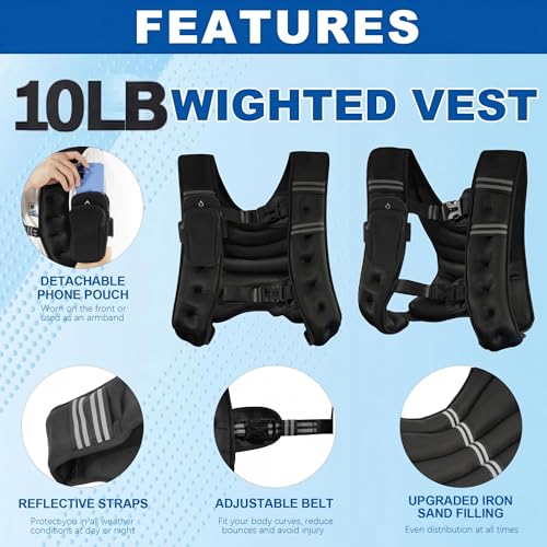 Fitvids Weighted Vest for Women & Men, Weight Vest with Detachable Phone Pouch for Walking, Running, Workout & Strength Training, 6lb/8lb/10lb Body Weight Vests for Fitness with Reflective Stripe - size: 10lb