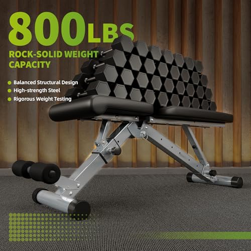 Adjustable Foldable Weight Bench for Home Gym, 800LBS Heavy Duty Strength Training Bench with Leg Extension, Incline Decline Flat Utility Bench for Full Body Workout Benches with Quick Folding