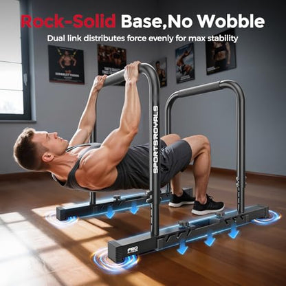 SPORTSROYALS DP2 Dip Station, 600LBS Heavy Duty Dip Bar, Height & Width Adjustable Dip Bar Station, Parallel Bars with Dual-Sided Connectors, Calisthenics Equipment for Full Body Strength Training
