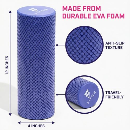 FitOn Foam Roller for Muscle Recovery - Compact and Portable, High-Density Foam Roller for Back Massage & Deep Tissue Relief and Home Exercise, Ideal for Use on Neck & Leg Soreness, 12"x4", Purple