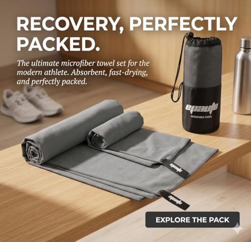 EPAuto 2-Pack Microfiber Quick Dry Towel Set - Lightweight, Super Absorbent & Compact Travel Towels (60"x30" & 24"x15") for Gym, Camping, Beach, Yoga & Backpacking, Gray