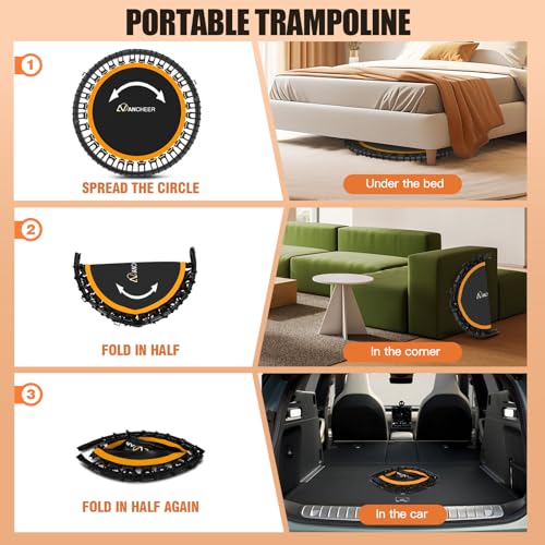 ANCHEER 48" Foldable Rebounder Trampoline for Adults/Kids with Resistance Bands and Bungees, Indoor & Outdoor Mini Trampoline with Bar and Safety Padding - Max Load 450lbs (Orange)