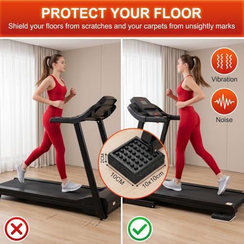 8 Pack Heavy Duty Exercise Equipment Mat, 4 x 4 x 0.8 Inch Non Slip Noise Reduction Mat for Treadmill, Treadmill Mat Pad for Rubber Hardwood Floors Carpet Protection Home Gym