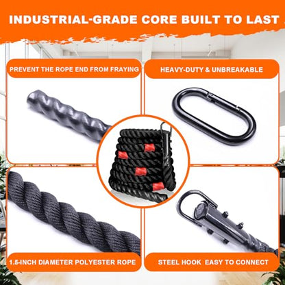 50FT Weighted Sled Pull Rope with 3m Distance Markers - Heavy-Duty Braided Polyester Training Rope for Functional Strength & Conditioning Workouts