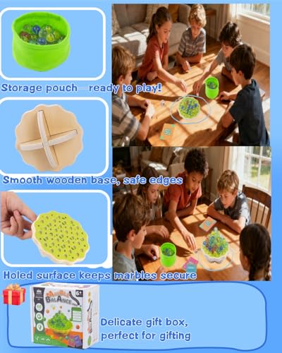Wooden Marble Balance Game for Kids 6+ and Adults, Wobble Stacking Board 1–4 Players Family Game, 68 Glass Marbles, Dice, Challenge Cards, Party & Travel Game