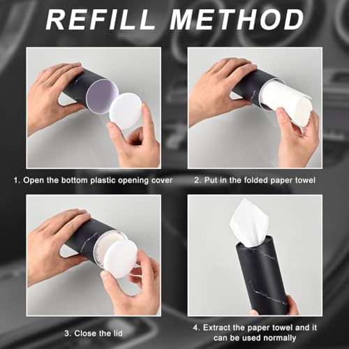 4PCS Car Tissue Holder, Car Cup Holder Convenient Travel Tissue Tube Box with Facial Tissues, Portable Round Tissues Holder Paper Towel Cylinder for Car Home Office (Marble Black)