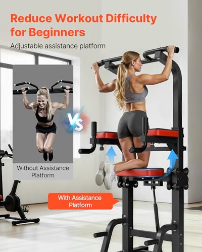 VEVOR Pull Up Bar, 330 LBS Power Tower Dip Station, Workout Dip Station with H-Shaped Stable Base & Assistance Platform, Adjustable 9 Level Height Pullup Stand for Back, 3-Level Adjustable Elbow Pads