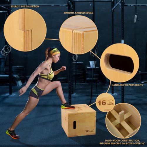 Yes4All Plyo Box, 3-in-1 Wooden Box Jump for Home Gym, Lunges, Squats, Dips - color: A. Wood Basic, style: 20" x 18" x 16"