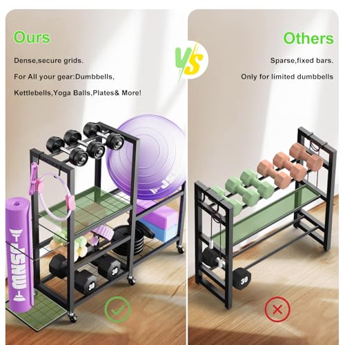 6-Tier Multi-Functional Home Gym Storage Rack with Wheels and Hooks, Adjustable Weight Rack for Dumbbells Kettlebells Yoga Mat and Balls, Space Saving Workout Equipment Storage Organizer