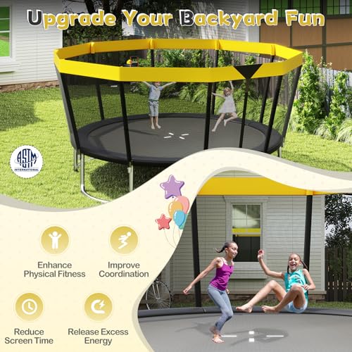 GYMAX Trampoline Outdoor, ASTM Approved Recreational Trampoline with Safety Enclosure Net & Non-Slip Ladder for Kids & Adults, Anti-Rust Large Rebounder Trampolines for Outside, Backyard