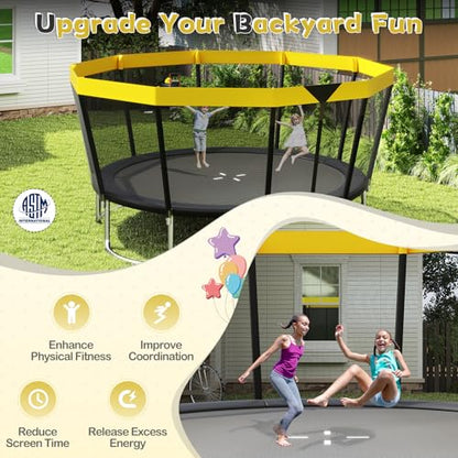 GYMAX Trampoline Outdoor, ASTM Approved Recreational Trampoline with Safety Enclosure Net & Non-Slip Ladder for Kids & Adults, Anti-Rust Large Rebounder Trampolines for Outside, Backyard