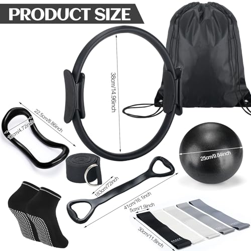 Pilates Ring Circle Set 18 Pcs Exercise Equipment Accessories for Women Workouts Pilates Ball Stretching Strap Magic Circle Yoga Ring Gym Back Bag Resistance Band Anti Slip Socks - color: Black