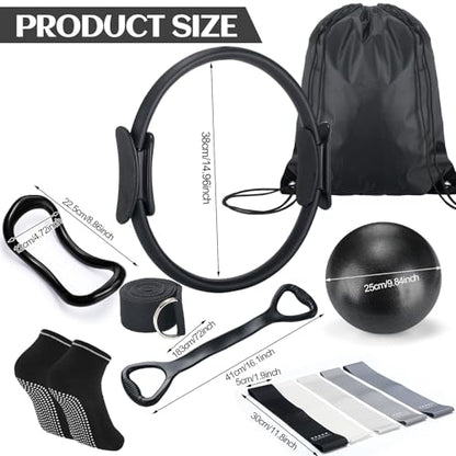 Pilates Ring Circle Set 18 Pcs Exercise Equipment Accessories for Women Workouts Pilates Ball Stretching Strap Magic Circle Yoga Ring Gym Back Bag Resistance Band Anti Slip Socks - color: Black