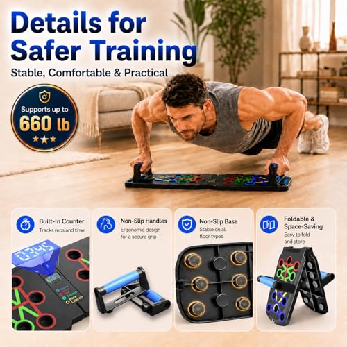 Push Up Board with Smart Counter, Foldable Home Workout Equipment for Men, Portable Pushup Board with Non-Slip Handles for Chest, Shoulders, Back & Triceps Training
