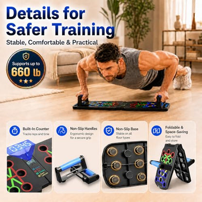 Push Up Board with Smart Counter, Foldable Home Workout Equipment for Men, Portable Pushup Board with Non-Slip Handles for Chest, Shoulders, Back & Triceps Training
