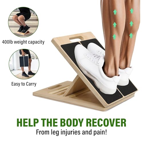 Professional Adjustable Wooden Slant Board for Calf Stretching, Portable 5-Stretch Board for Knees, Non-Slip Foot Incline Board Physical Therapy Equipment Calf Stretch, Extra Side Handle for Carry