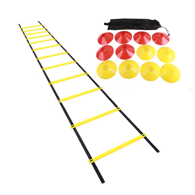 Speed Training Ladder Durable Nylon Footwork Ladder for Football Sports Agility Training, Adjustable for Indoor Outdoor Use, Yellow - 20.5x1.6in, 12 Sign Discs