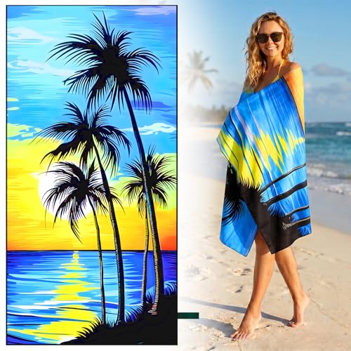 Oversized Microfiber Beach Towel Thin, Blue Sunset Seaside Double Sided Printed Towel 1PC, Large Soft Absorbent Compact Beach Towels for Men Women Adult, Summer Beach Pool Swim Rafts Bath, 35"x71" - style: Blue Sunset Seaside