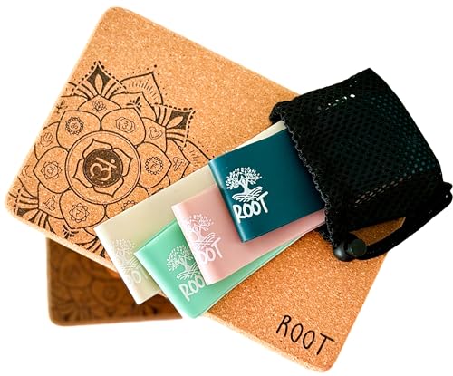 YOGA BLOCKS (ROOT Premium Cork Blocks (2) with Resiliance Bands), BAMBOO