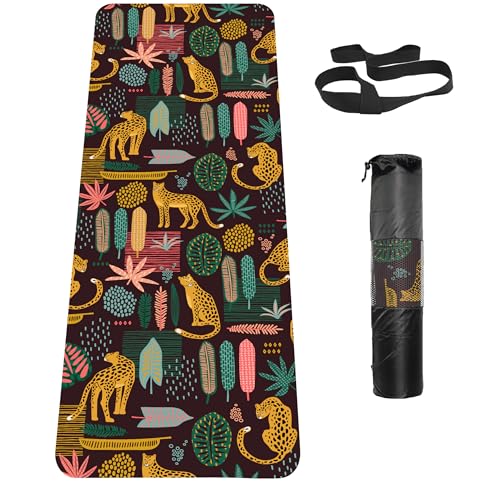 Non Slip Yoga Mat TPE Workout Mat for Men Women, Thick Workout Mat with Carrying Strap, Fitness Mats for Exercise, Yoga, Fitness, Pilates, Floor Workouts (72" x 24" x 6mm) - color: leopard&jungle