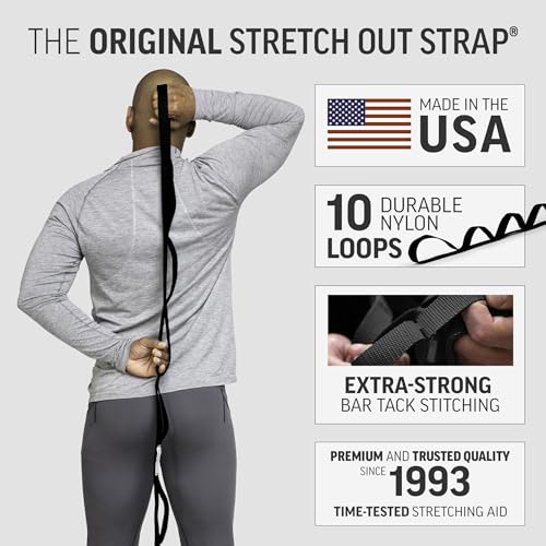 OPTP The Original Stretch Out Strap XL with Exercise Book, USA Made Stretch Out Straps for Physical Therapy, Yoga Stretching Strap or Knee Therapy Strap - Ten Loops, 7'5" Strap