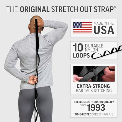 OPTP The Original Stretch Out Strap XL with Exercise Book, USA Made Stretch Out Straps for Physical Therapy, Yoga Stretching Strap or Knee Therapy Strap - Ten Loops, 7'5" Strap