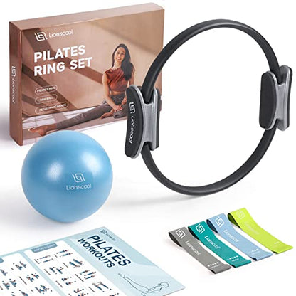 Pilates Ring Set – 14" Anti-Deformation Magic Circle with Padded Handles, Mini Ball, Resistance Bands, Guide & Bag - color: Black