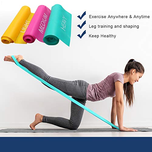 7FT. Long Latex Free Elastic Flat Exercise Band Set of 3 with Carry Bag, Wide Fitness Resistance Bands for Pilates, Gym, Physical Therapy, Yoga, Carry Bag, Green & Yellow & Rose Red