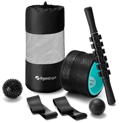 GymCope 5-in-1 Foam Roller Set with Back Roller, Massage Roller Stick, Spiky Ball, Fascia Ball and Stretch Band, 6 Inch Yoga Back Stretcher for Deep Stretch, Posture Support and Home Workout Recovery