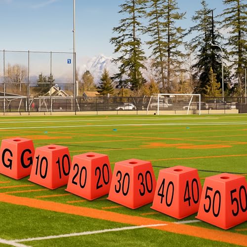Set of 11 Football Field Yard Line Markers Orange High Visibility Stackable Portable 4 Sided Field Yardage Markers for Football Training