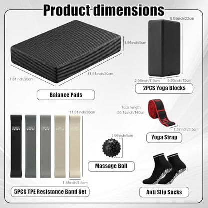 11 Pcs Exercise Balance Pad and Yoga Kits for Home Workouts with Resistance Bands, Yoga Blocks, Stretch Strap, Massage Ball, Pilates Socks Fitness and Stability Training Physical Therapy