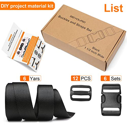 BEYOURD Heavy-Duty Buckles and Strap Set 1-1/2": 6 Yards of Thick Nylon Webbing, 6-Pack Adjustable Quick Side Release Plastic Buckles, 12 Tri-Glide Slide Clips, Black (1-1/2" Combo Set) - style: 1-1/2" Combo Set