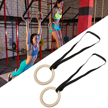 1 Pair Gymnastics Rings, 150KG / 330LB Load Pull Up Exercise Rings with Adjustable Buckle Straps Wood Home Workout Equipment for Men Women