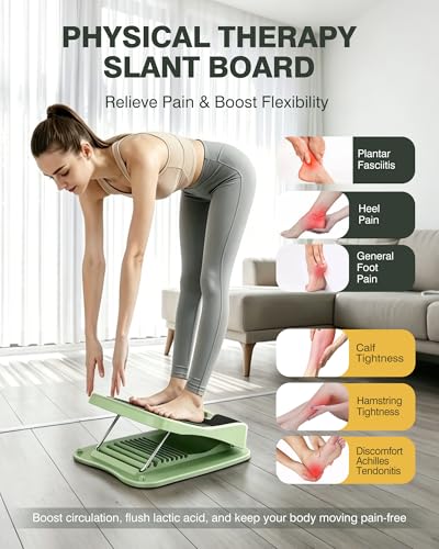 Slant Board for Calf Stretching, 9-Level Adjustable Incline Board with 2 Resistance Bands, Portable Calf Stretcher for Exercise & Physical Therapy Equipment (Green)