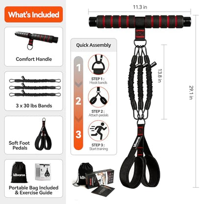 Foot Pedal Resistance Band with Handle, Adjustable 30-90lbs, 3 Tube Sit Up Exercise Equipment for Women, Home Workout for Abs, Core, Legs & Arms